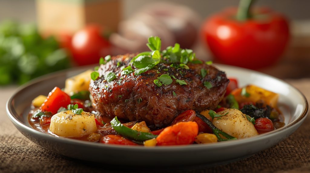 запечённая говядина с овощами