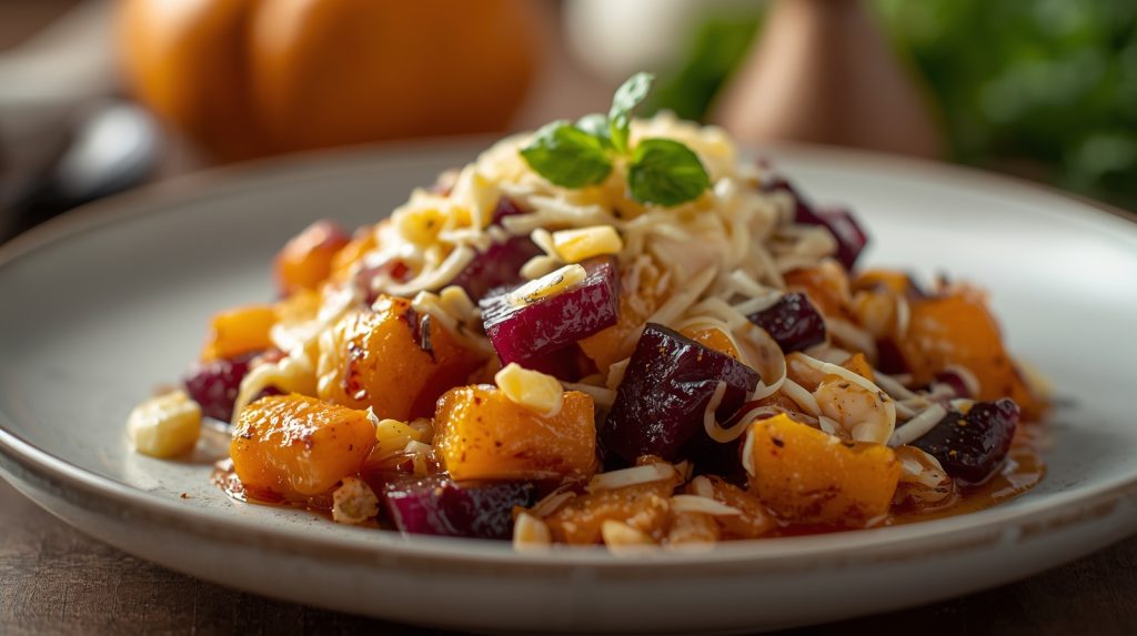 Тёплый салат из запечённой тыквы, свёклы и сыра